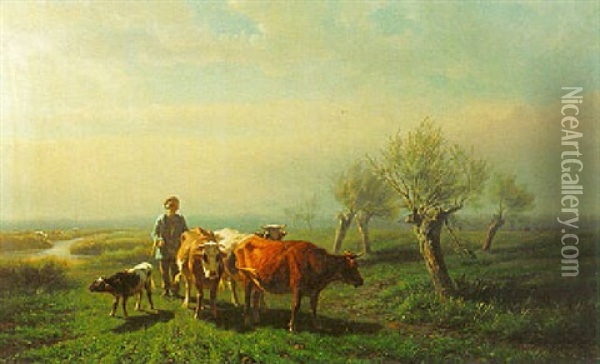 A Farmer With Cows In The Field Oil Painting - Hendrik Savry