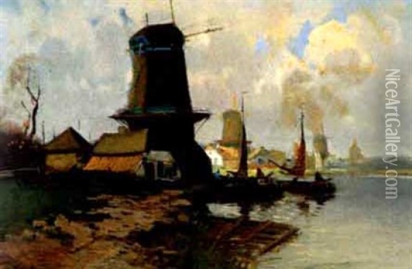 Dutch Canal With Boatmen By A Windmill Oil Painting - Willem George Frederik Jansen