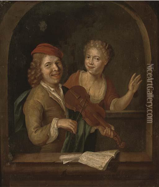 A Couple At A Casement, The Gentleman Playing The Violin Oil Painting - Jacob Van Toorenvliet