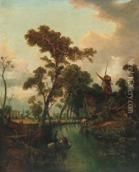 Figures In A Boat Before A Windmill Oil Painting - Joseph Paul