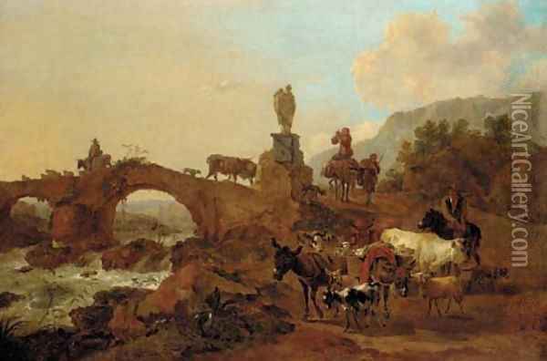 An Italianate landscape with drovers and their cattle crossing a bridge Oil Painting - Nicolaes Berchem