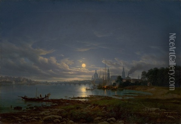 Ansicht Auf Dresden, Mondschein Oil Painting - Anton Castell