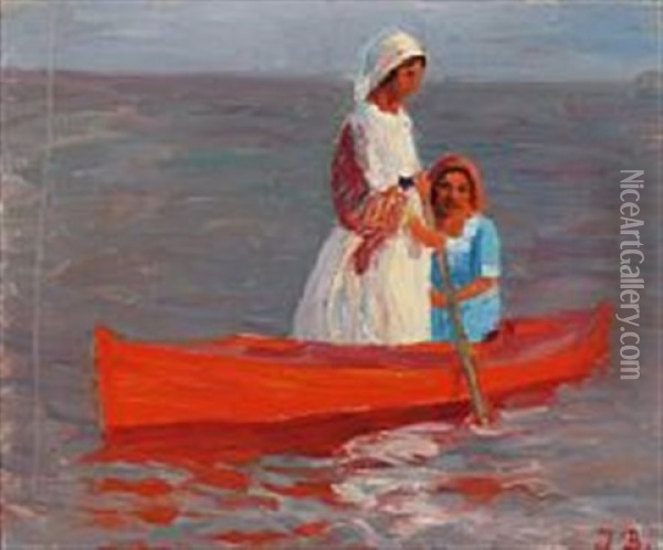 Two Women In A Boat Oil Painting - Jens Birkholm