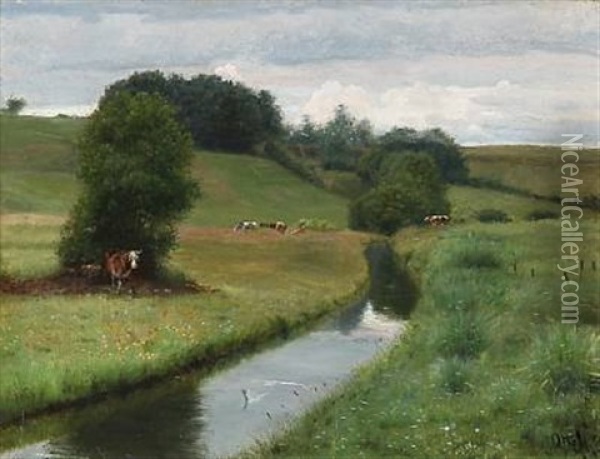 Graizing Cows Near Streams Oil Painting - Otto Haslund
