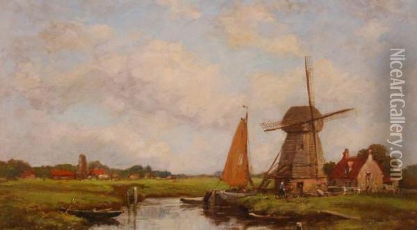 Dutch River Scene With Windmill Oil Painting - Jacob Henricus Maris