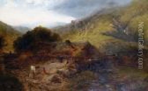 A Welsh Landscape With Snowdon Beyond Oil Painting - Henry Bright