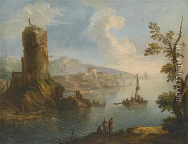 Harbour Scene With A Ruined Watch Tower And Groups Of Figures Standing On The Rocky Shore Oil Painting - Paolo Anesi