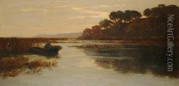 Extensive River Landscape, With Figure In Boat In The Foreground Oil Painting - Alfred Withers