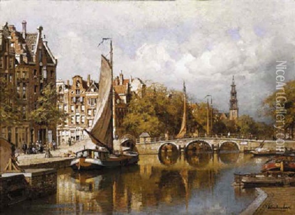 A View Of The Prinsengracht, Amsterdam, With The Westertoren In The Distance Oil Painting - Johannes Christiaan Karel Klinkenberg