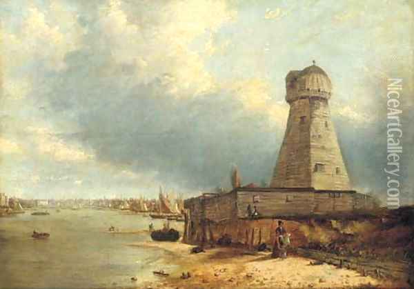 A view of Lowestoft lighthouse, with figures in the foreground and the Stanford Channel beyond Oil Painting - George Vincent