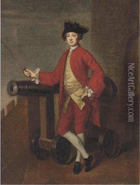 Portrait Of An Officer, Small Full-length, On A Battlement, Restinghis Arm On A Canon Oil Painting - Edward Penny