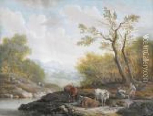 Landschaften Mit Vieh Und Staffage. Gegenstucke Oil Painting - Theobald Michau