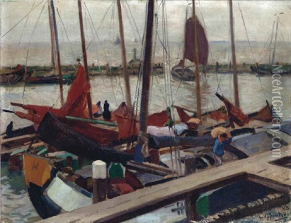 Willy Sluiter Boats In The Harbour Of Volendam Oil Painting - Willy Sluijter