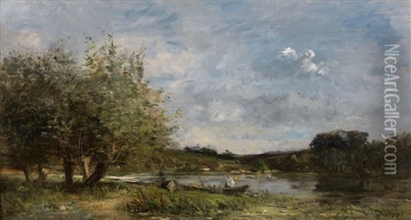 Paysage Fluvial Avec Un Pecheur Dans Sa Barque Oil Painting - Karl Pierre Daubigny