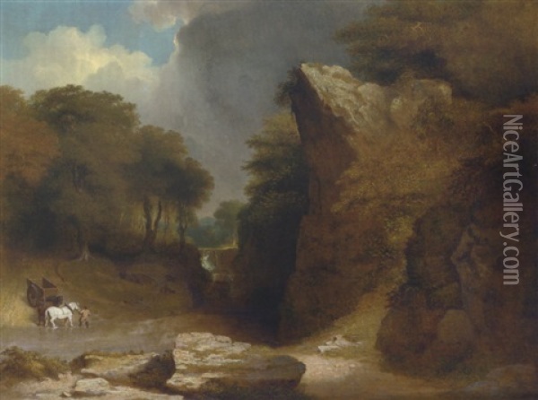The Ford - A Mountainous River Landscape With A Figure With A Wagon And Horses At A Ford Oil Painting - James Arthur O'Connor