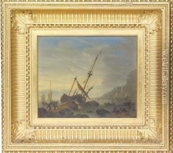 A Coastal Landscape With A Sailing Ship Run Aground Oil Painting - Adriaen Manglard