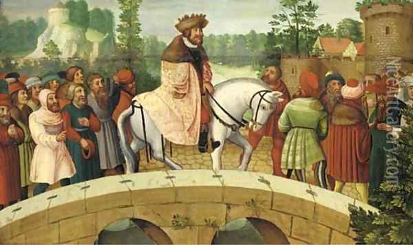 A nobleman accompanied by peasants and burghers outside a town Oil Painting - Lucas The Elder Cranach