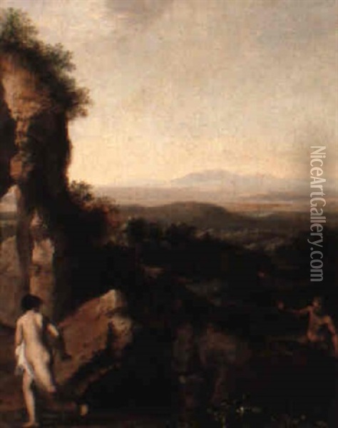 Classical Landscape With A Nymph Pursued By Man Oil Painting - Cornelis Van Poelenburgh
