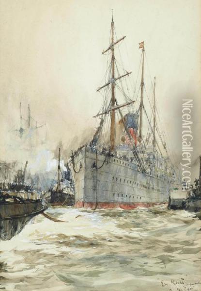 'en Route': A Liner Under Tow Leaving The Dockside Oil Painting - Charles Edward Dixon