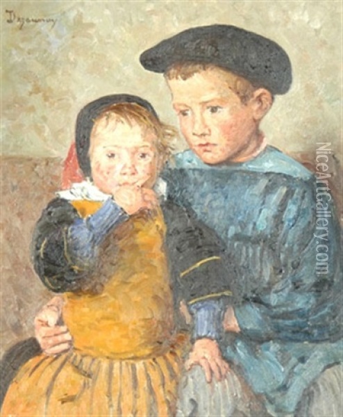 Frere Et Soeur, Les Jeunes Bretons Oil Painting - Emile Alfred Dezaunay
