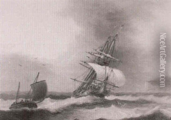 A Frigate With Reefed Topsails Off A Headland Oil Painting - Thomas Luny