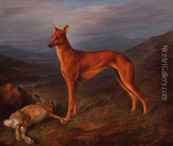 Coursing Greyhound With Hare Oil Painting - Lilian Cheviot