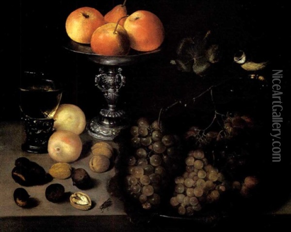 Nature Morte Aux Plat De Raisins, Verre De Vin, Pommes Et Poires Dans Un Coupe En Argent Oil Painting - Pieter Binoit