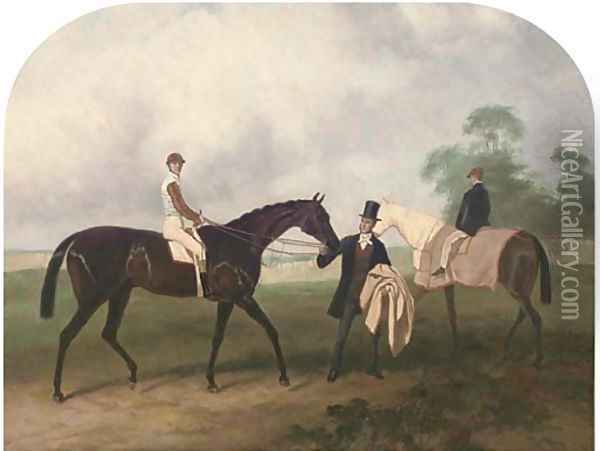 Portrait of a jockey up, on a bay racehorse, held by its owner, a groom on a bay beyond, in a paddock Oil Painting - John Frederick Herring