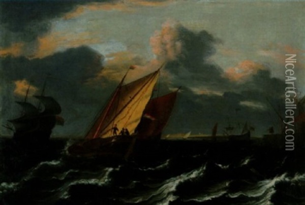 Schiffe Und Einlaufendes Fischerboot Bei Aufkommendem Sturm Oil Painting - Ludolf Backhuysen the Elder