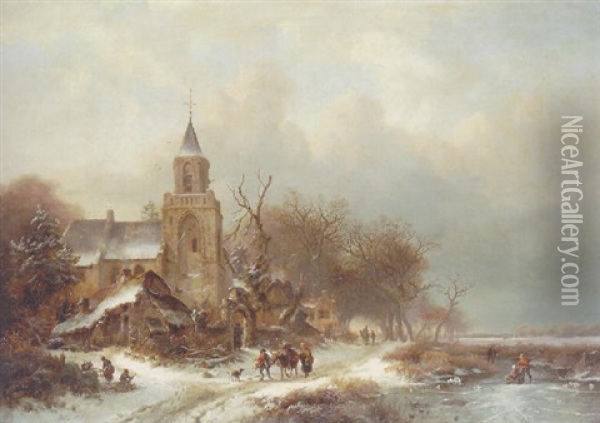A Frozen Winter Landscape Oil Painting - Frederik Marinus Kruseman