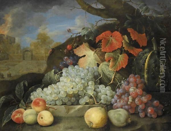 Still Life Of Grapes, Melons, Peaches And Pears Set In A Formal Garden Exterior Oil Painting - Joris Van Son