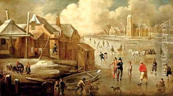 A frozen canal with skaters and men playing kolf Oil Painting - Jan Abrahamsz. Beerstraten