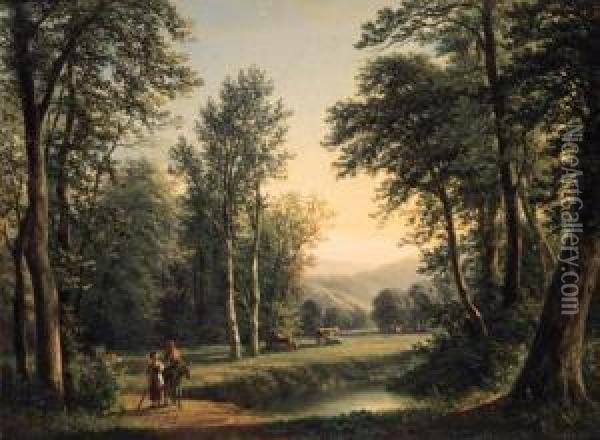 Travellers On A Wooded Track With Cattle Resting Beyond Oil Painting - Isidore Dagnan