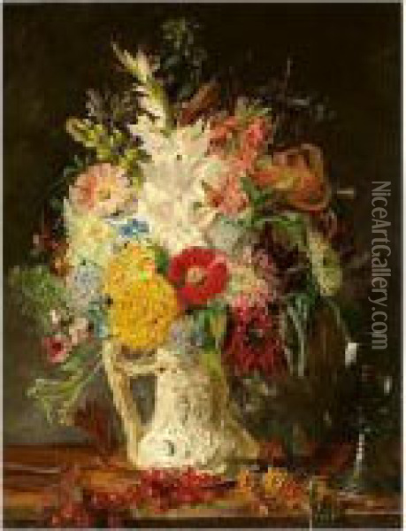 Vase Of Flowers With Self Portrait Oil Painting - Frederick Smallfield, A.R.W.S.