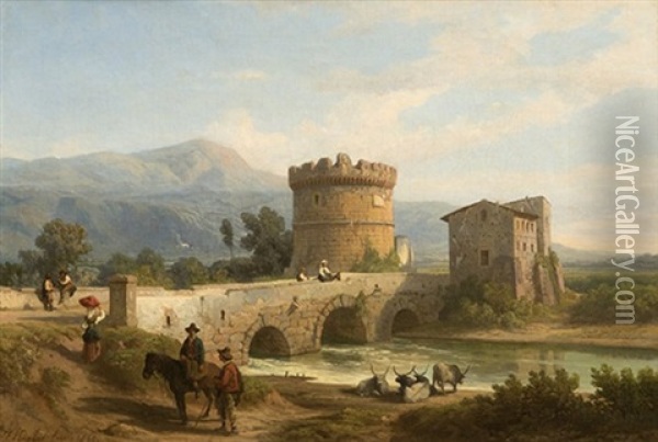 View Of The Lucano Bridge And The Plauti Sepulcher At Tivoli Oil Painting - Franz Knebel