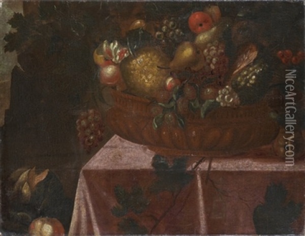 Nature Morte A La Coupe De Fruits Sur Un Entablement Oil Painting - Blas de Ledesma Prado