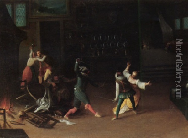 An Interior With Swordsmen Fighting Over A Woman Oil Painting - Hieronymus Francken the Younger