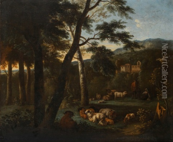 An Italianate Landscape With Shepherds And Their Flock Oil Painting - Johann Heinrich Roos