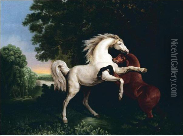 Horses Fighting Oil Painting - George Stubbs