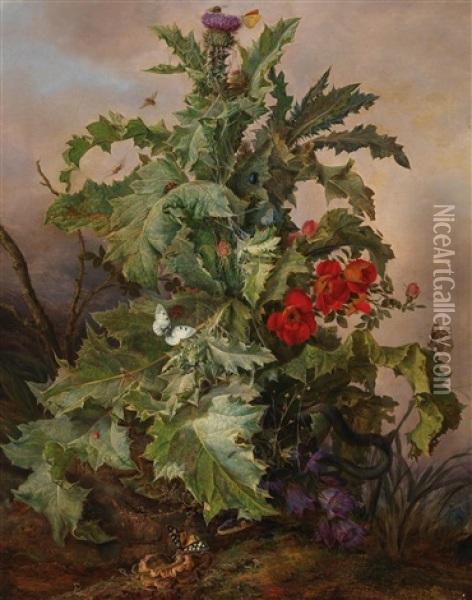Large Thistle Still Life With Poppies, Butterflies, Spider And Snake Oil Painting - Franz Xaver Gruber
