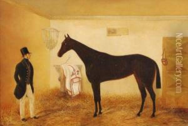 A Chestnut Horse And Its Owner In A Stable Interior Oil Painting - Alexander Schwabe