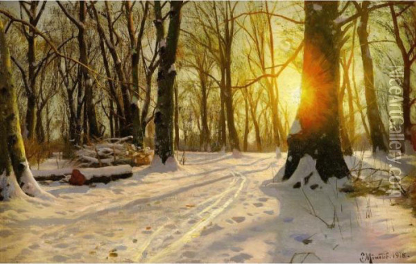 Vinterdag Charlottenlund Skov (a Winter's Day In The Woods Of Charlottenlund) Oil Painting - Peder Mork Monsted