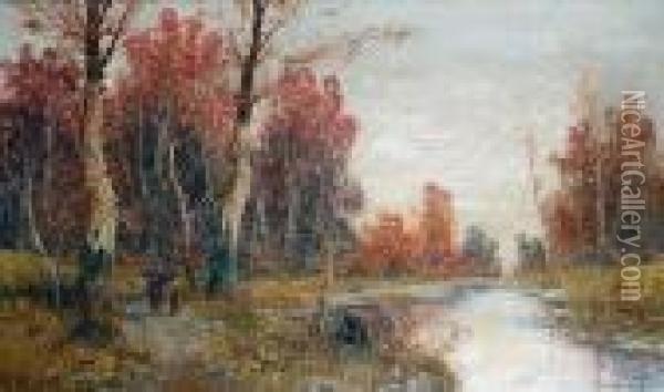 Figures In An Autumnal Landscape Oil Painting - Georg Fischof
