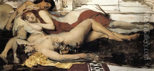 Exhausted Maenides On The Steps Of The Temple Of Amphissa Oil Painting - Sir Lawrence Alma-Tadema