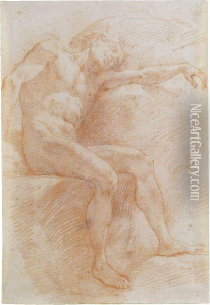 A Male Nude Sleeping, Seated And Resting Against A Rock Oil Painting - Baldassarre Franceschini