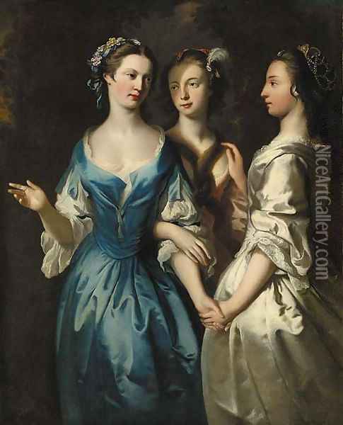 Three girls, three-quarter-length, in blue, pink and oyster satin dresses, in a landscape Oil Painting - Joseph Highmore