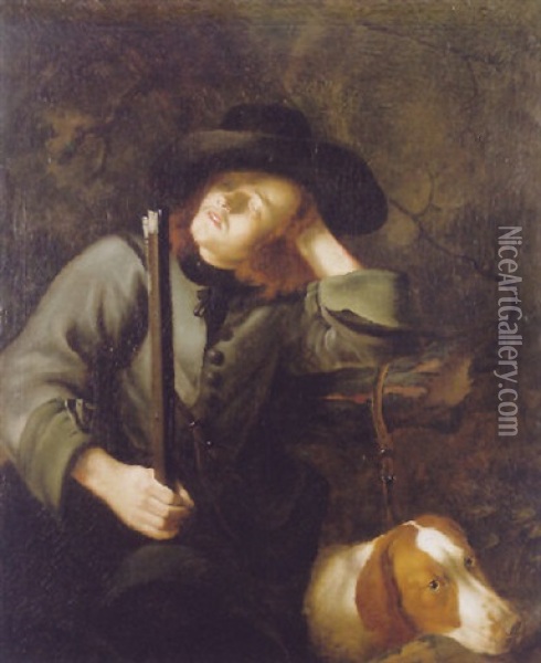 A Huntsman Sleeping Beside His Dog Oil Painting - Christian Seybold