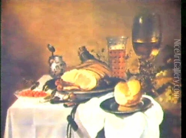 Still Life Of Ham Strawberrries, Grapes And A Roemer Oil Painting - Franchoys Elout