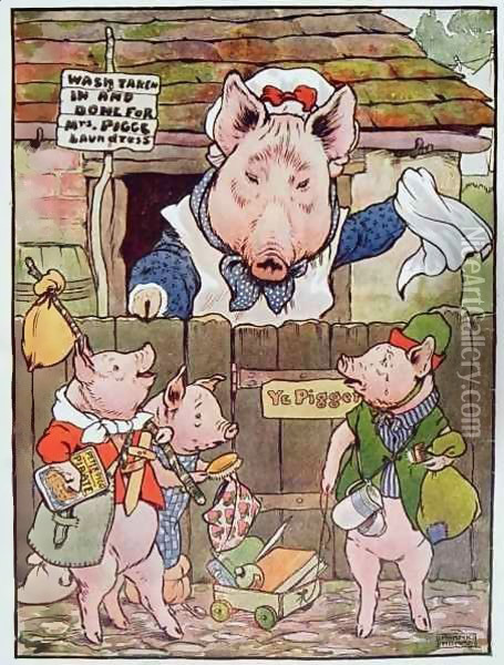 'She turned them out of the home-sty to find their own living', illustration from 'The Three Little Pigs' Oil Painting - Frank Adams