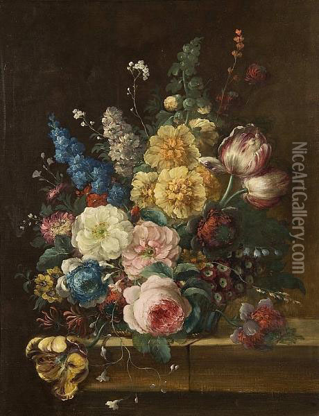 Still Life Of Flowers On A Ledge Oil Painting - Jan Van Huysum